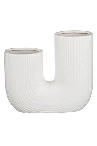 AB HOMES Vază decorativă dublă din ceramică albă cu dungi în relief, 18x6x16,...