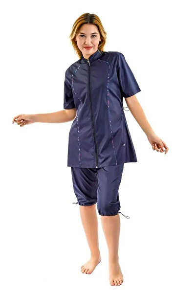 TESMAY Plus Size Semi-Closed Parachute Fabric Swimsuit 2474-25 Dark Navy Blue