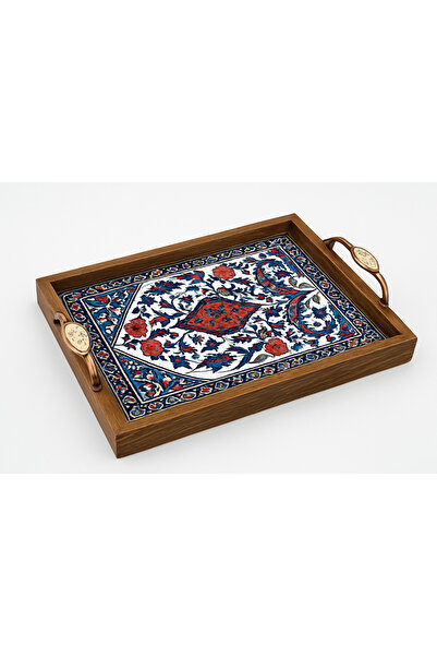 BulutRetail Handmade Kütahya Tile Patterned Wooden Tray 42X27 cm |   Domestic Production Decorative & Serving Tray