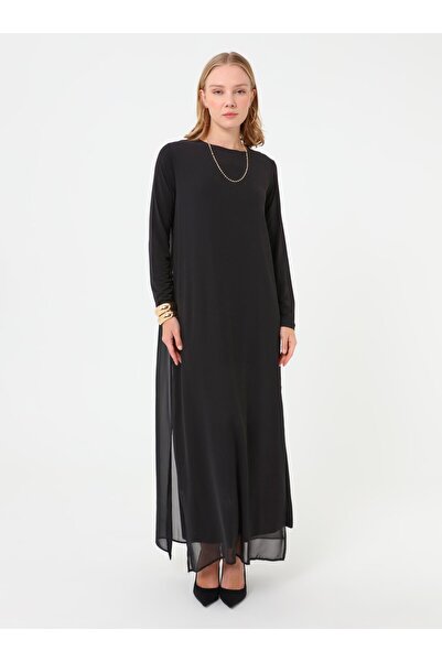 Refka Chiffon Detailed Stylish Hijab Dress - Black -