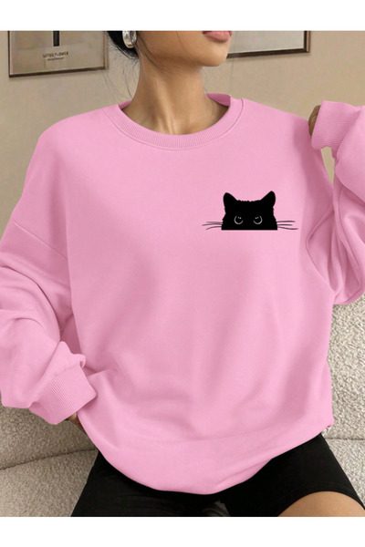 Revasser Kadın KEDİ Detaylı Özel Baskılı Renkli Oversize Bisiklet Yaka Pamukl...