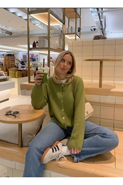 NİLZA Khaki Oil Green Soft Textured Buttoned Loose Oversized Knitwear Cardigan