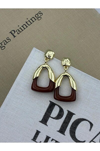 Hedef Bijuteri Gold Kahverengi Detaylı Sallantılı Tasarım Küpe