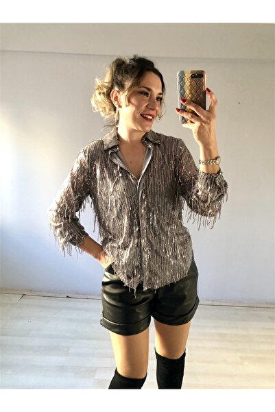 Gözde Tasarım Butik Women's Silver Color Fringed Sequin Lined New Year Party Shirt