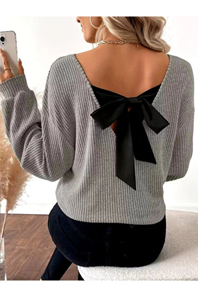 GENCULUS Women's Long Sleeve V Neck Back Ribbon Detailed Fleece-Lined Ribbed Knit Blouse