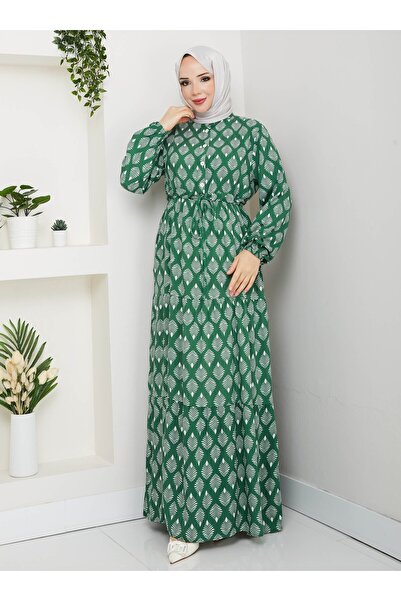 SAHRA BUTİK Half Placket Buttoned Viscose Dress - Green -