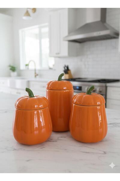 BEYLER 3-Piece Lided Honey Pumpkin Jar Set Orange Pumpkin Series Ceramic 500, 750 and 1000 ml