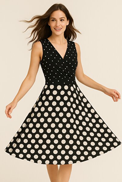 Şans Women's Plus Size Black, Polka Dot Print, Wrap Neck, Back Waist Crochet Detail Dress 65N39270