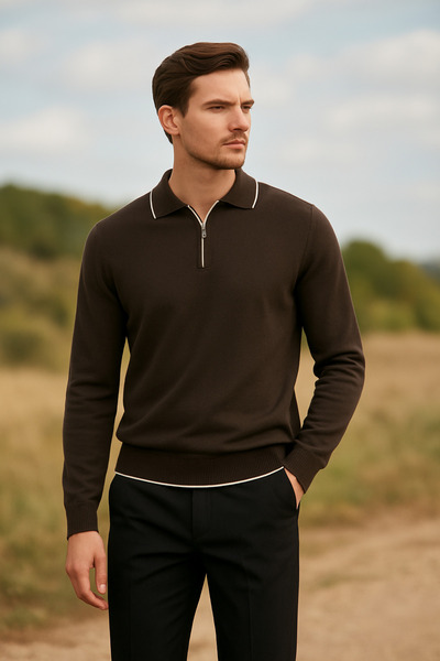 VİZYON Koyu Kahverengi Erkek Yarım Fermuarlı Polo Yaka Kazak