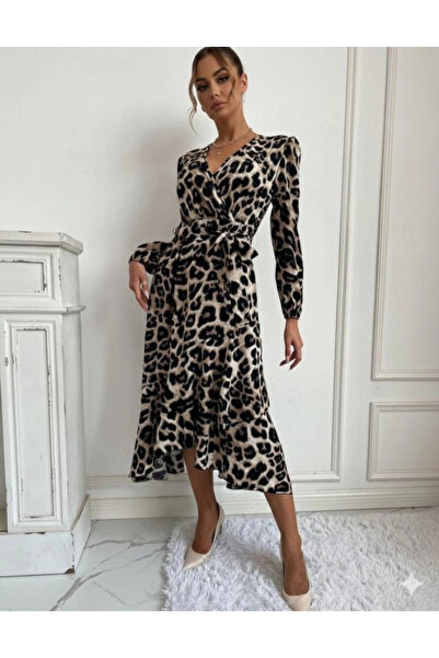 GENCULUS Women's Long Sleeve Double-Breasted Collar Side Tie Front Ruffle Detail Single Jersey Long Dress