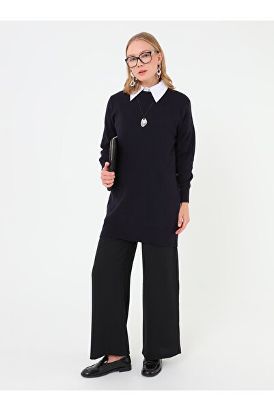 Refka Crew Neck Long Knit Tunic - Navy Blue -