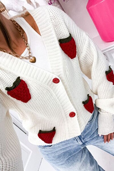 WE AND ME Women's Knitwear Crop Cardigan Strawberry Patterned