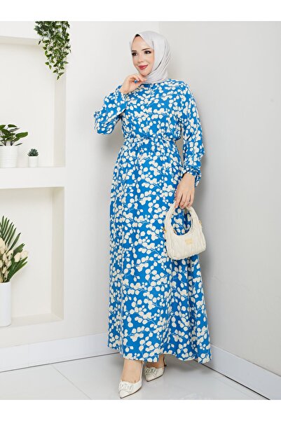 SAHRA BUTİK Leaf Patterned Viscose Dress - Blue -