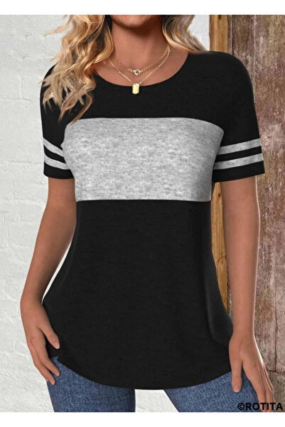 GENCULUS Women's Short Sleeve Crew Neck Double Color Viscose Blouse