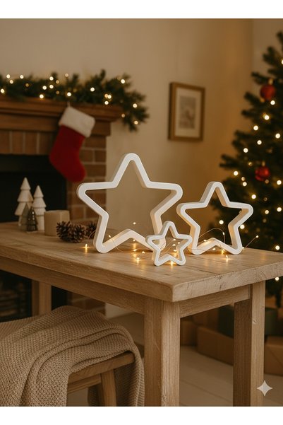 Decorstation Üçlü Minimal Yılbaşı Yıldız Dekor Seti – Modern Noel Ev Süsü