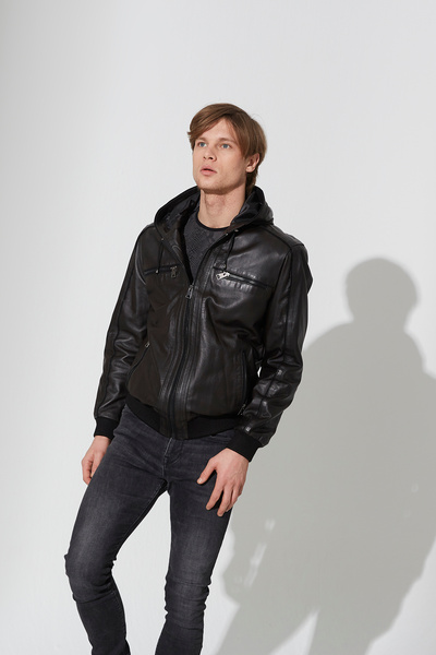 ZanDeri Hooded Zippered Knitwear Genuine Leather