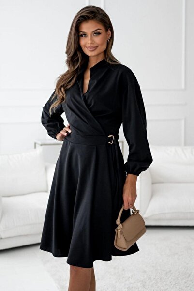 Mossta Double-Breasted Collar Midi Imported Crepe Dress - Black