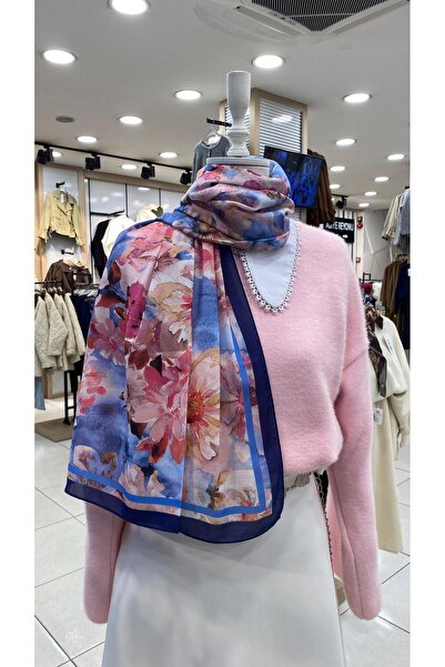 KUQOS Soft Floral Patterned Shawl Navy Blue
