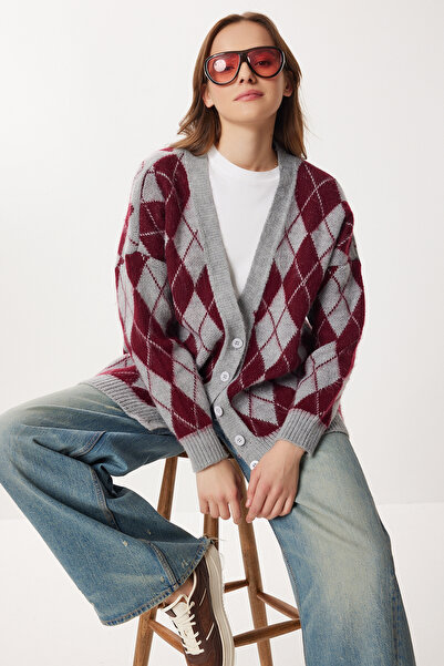 Lovelyİstanbul Baklava Patterned Fuzzy and Wool Effect Knitwear Cardigan Lxa0029 Gray Burgundy