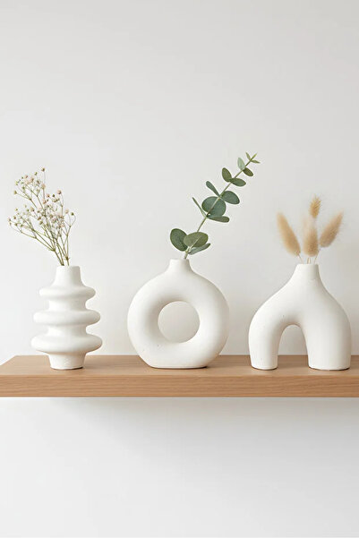 Zuri Stone Modern Bohem Beton Vazo 3’lü Set – Dekoratif Minimal Set
