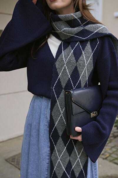 Ceylan Otantik Eșarfă cu model baklava bleumarin