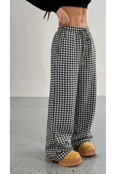 GENCULUS Women's High Waist Elastic Lace-Up Wide Cut Houndstooth Diver Pants