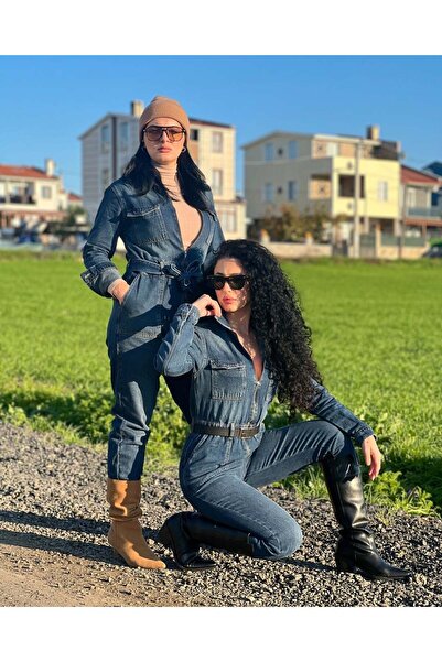 unique rain Kadın Beli Lastikli Kendi Kumaşından Kemerli Pamuklu Denim Tulum