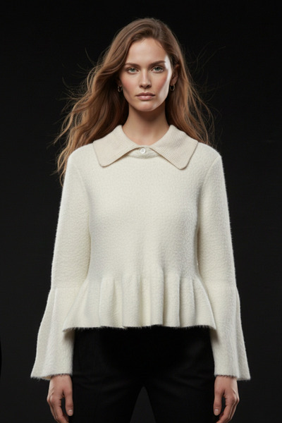 studio fashion 1988 Women's Cream Peplum Soft Knit Sweater