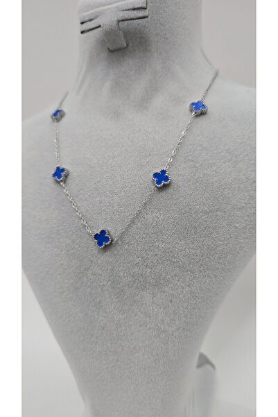 NO NAME Paslanmaz Çelik Mavi Taşlı Gümüş Renk Çift Taraflı Yonca Kolye