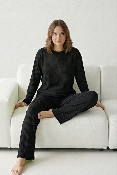 Farya Home Set pijama din bumbac gros, de iarnă, cu dungi interlock și mâneci lungi