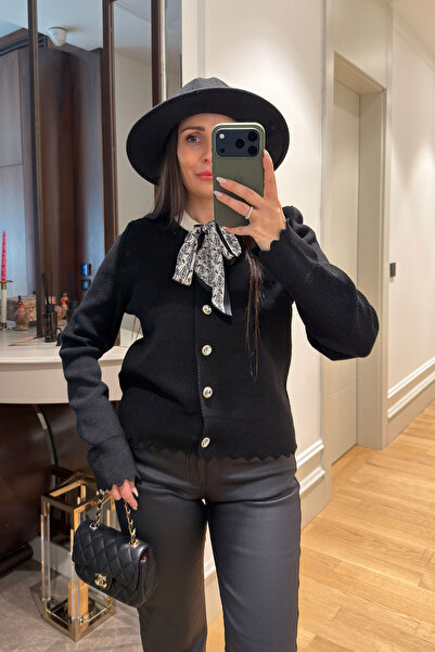 MAGARDE Scarf Design Button Detail Cardigan - Black