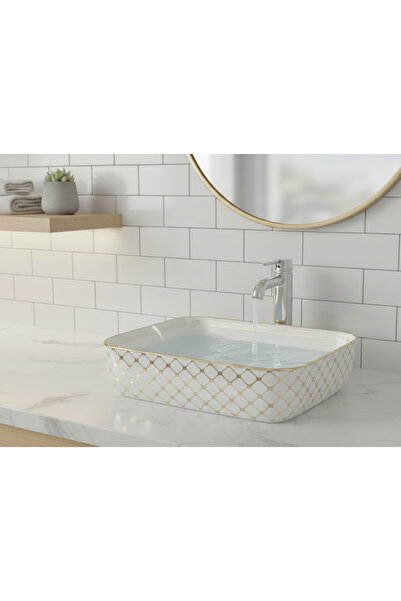 EMFA AKSESUAR Krem Gold Desenli Tezgahüstü Çanak Lavabo 50x40x13,5 - Gold Des...