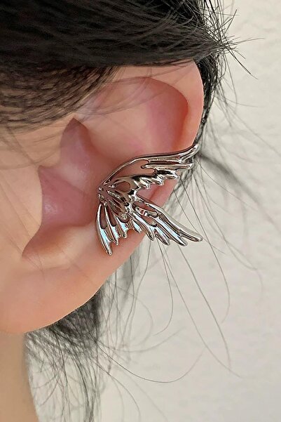 TAKIŞTIR Gümüş Renk Kelebek Figürlü 14K Altın Kaplama TX Ear Cuff (Tek)