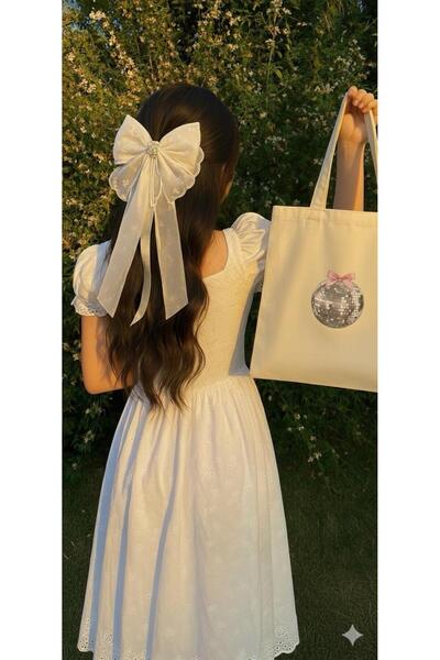 NO 601 Geantă din pânză pentru femei Raw Linen Disco Ball cu imprimeu