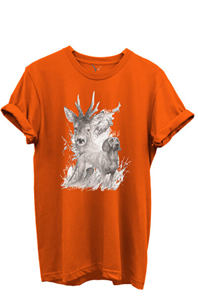 WİDİ Deer and Hunting Dog Illustration Printed 100% Cotton Regular Fit Crew Neck Unisex T-Shirt