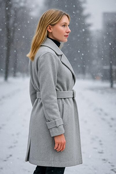 Timburly Kadın Uzun Astarlı Düğmeli Kol Aksesuarlı Kalın Kaşe Kaban