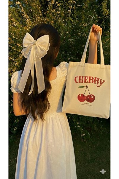 NO 601 Geantă din pânză pentru femei Raw Linen Cherry cu imprimeu