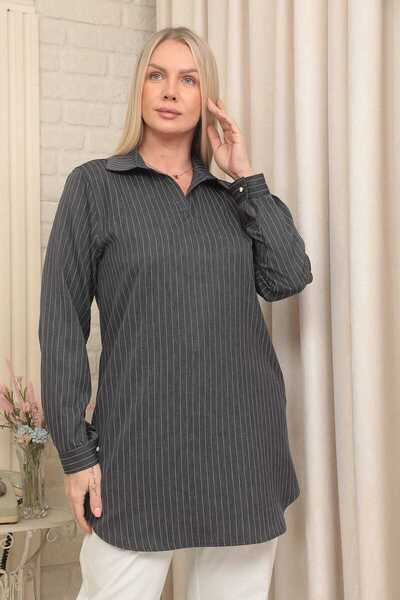 Bracha Women's Plus Size Stripe Detailed Comfortable Fit Shirt Collar Tunic