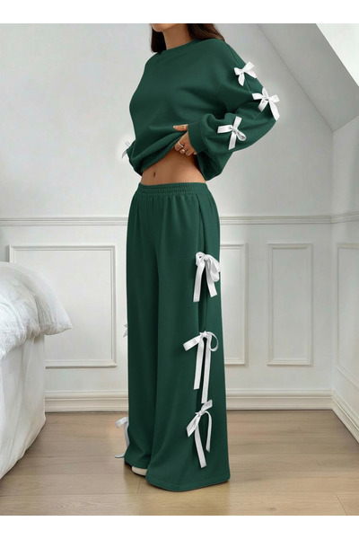 LEONE KOLEKSİYON Women's Neft Green 2 Thread Ş Fleece-Lined Set – Relaxed Fit, Winter Combination with Pink Bow Detail