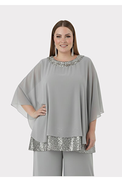 LİLAS XXL Büyük Beden Gri Renkli Şifon Abiye Bluz