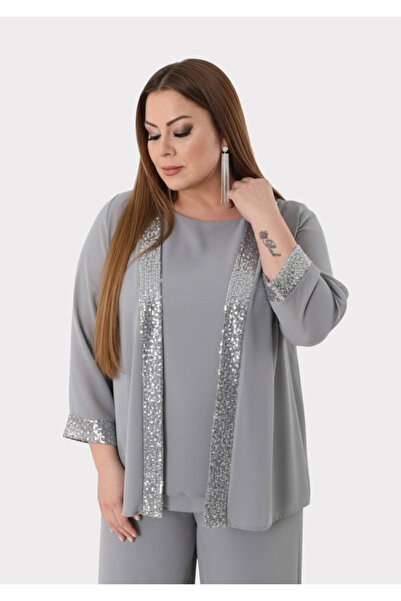 LİLAS XXL Büyük Beden Gri Renkli Şifon Ceketli Abiye Bluz