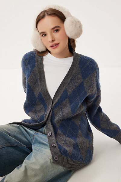 Lovelyİstanbul Baklava Patterned Furry and Wool Effect Knitwear Cardigan Lxa0029 Anthracite Navy Blue