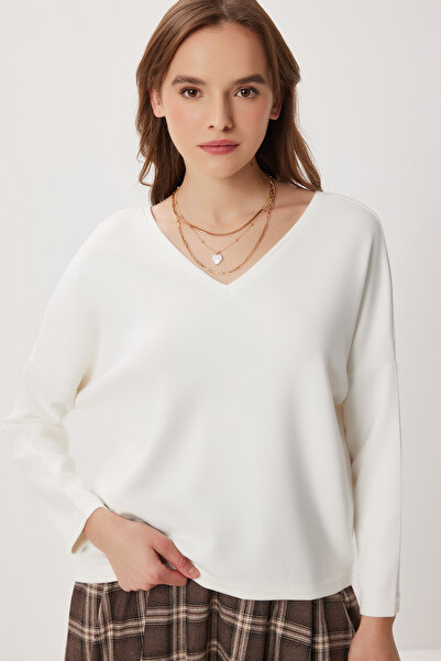 Lovelyİstanbul Front Back V-Neck Modal Blouse Lby0032 Bone