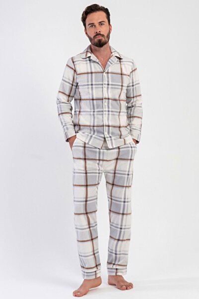 VİENETTA طقم بيجامة رجالي بأزرار أمامية وأكمام طويلة منقوشة باللون الرمادي من الصوف C6T3N8161