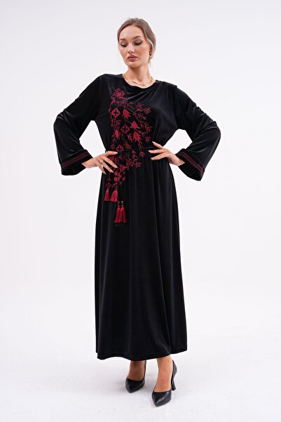 NEVVARE Rochie lungă neagră brodată pentru femei – Broderie florală burgundă,...