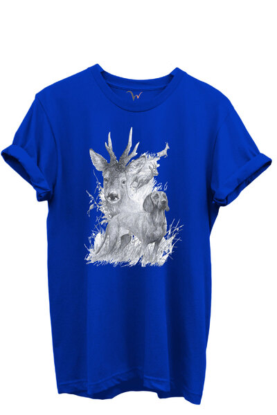 WİDİ Тениска с принт на елен и ловджийско куче, 100% памук, редовна кройка, о...