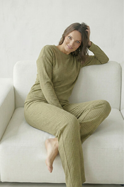 Farya Home Set pijama din bumbac gros, de iarnă, cu dungi interlock și mâneci lungi