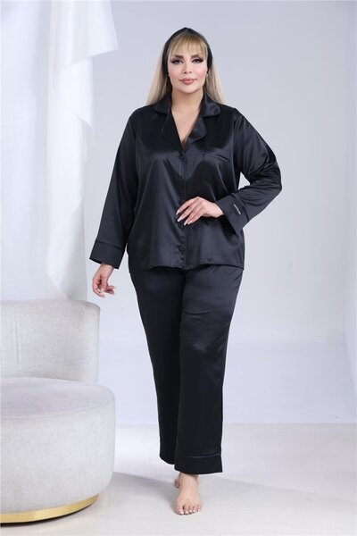 Nobiltà Segreta Black Satin Long Pajamas Set (Plus Size)