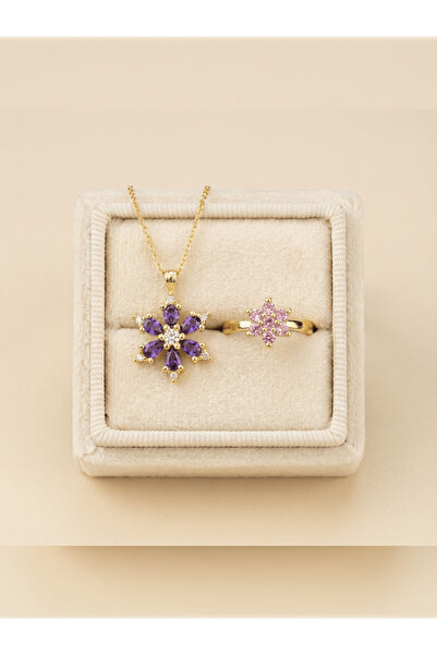 PURE BERRY ZİRKON TAŞLI AYARLANABİLİR LOTUS YÜZÜK VE LOTUS KOLYE ÇELİK KARARM...