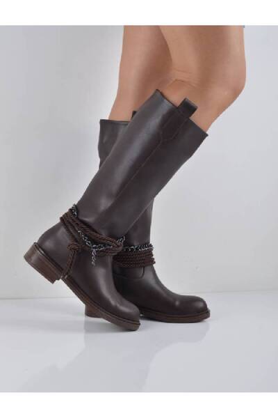Şanslı Ayakkabıcılık Brown Leather Flat Heel Chain Tied Long Boots